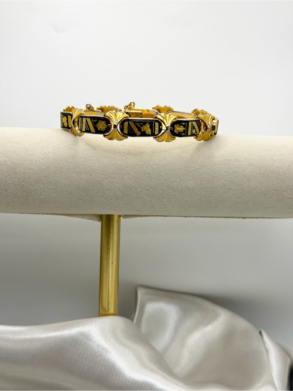 Vintage Damascene Gold Black Floral Panel Bracelet
